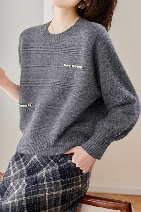 Chic Crew Neck Ribbed Knit Sweater with Pearl Details - liwisi