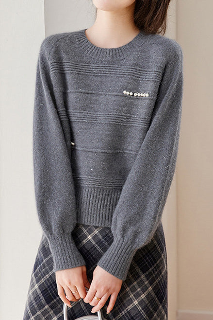 Chic Crew Neck Ribbed Knit Sweater with Pearl Details - liwisi