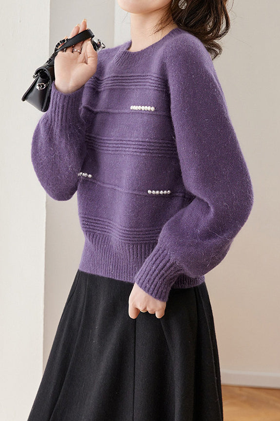 Chic Crew Neck Ribbed Knit Sweater with Pearl Details - liwisi