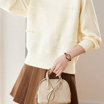 Chic Crew Neck Ribbed Knit Sweater with Pearl Details - liwisi