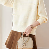 Chic Crew Neck Ribbed Knit Sweater with Pearl Details - liwisi