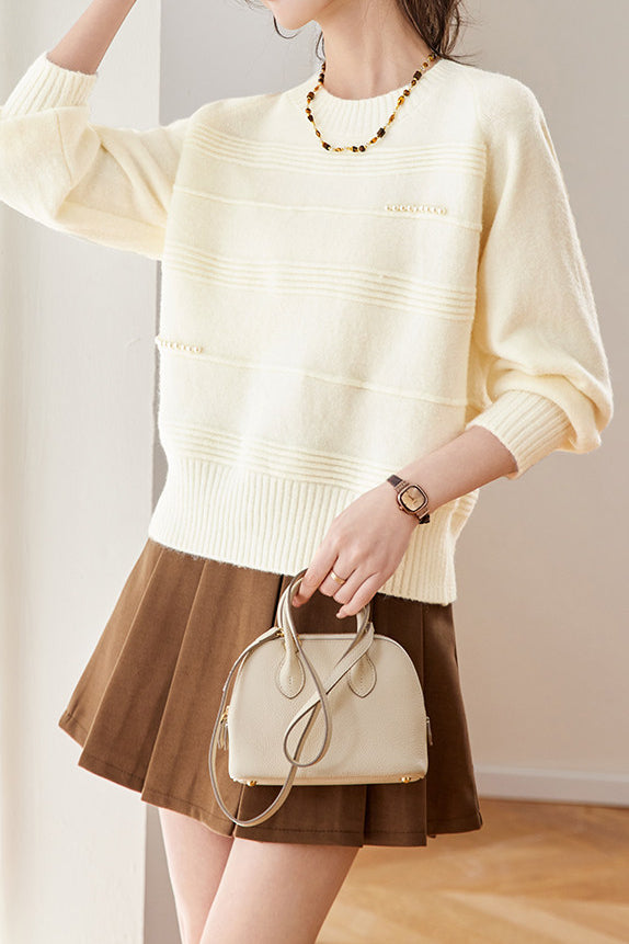 Chic Crew Neck Ribbed Knit Sweater with Pearl Details - liwisi