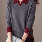 Chic Colorblock Polo Collar Long Sleeve Knit Sweater - liwisi