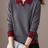 Chic Colorblock Polo Collar Long Sleeve Knit Sweater - liwisi