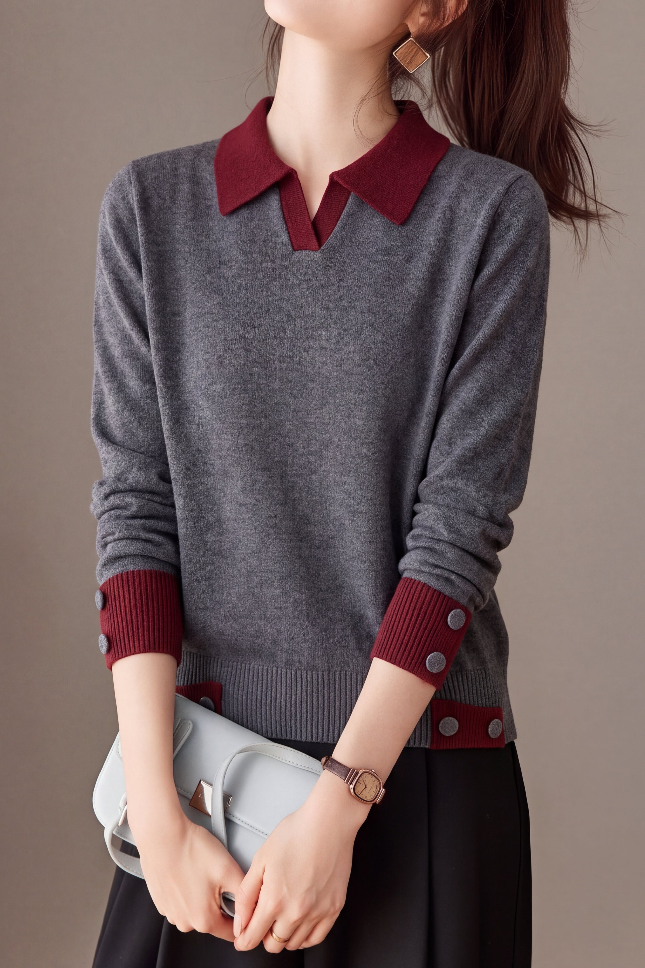 Chic Colorblock Polo Collar Long Sleeve Knit Sweater - liwisi