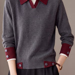 Chic Colorblock Polo Collar Long Sleeve Knit Sweater - liwisi