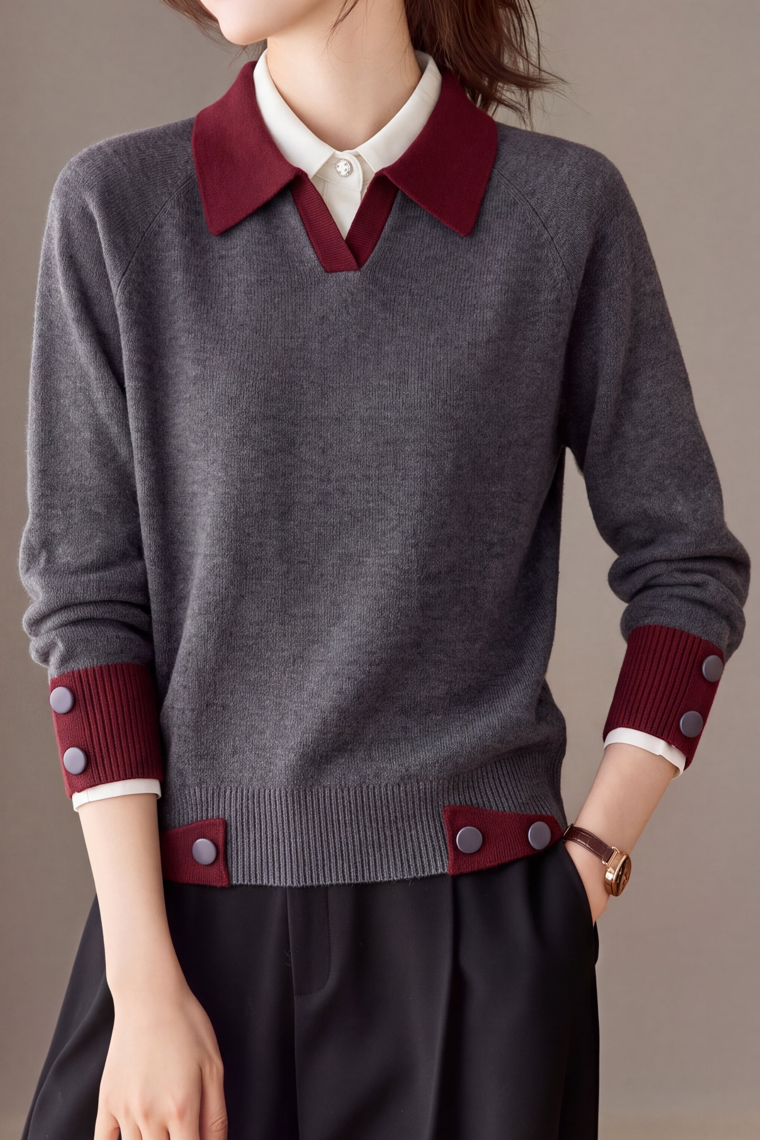 Chic Colorblock Polo Collar Long Sleeve Knit Sweater - liwisi