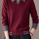 Chic Colorblock Polo Collar Long Sleeve Knit Sweater - liwisi