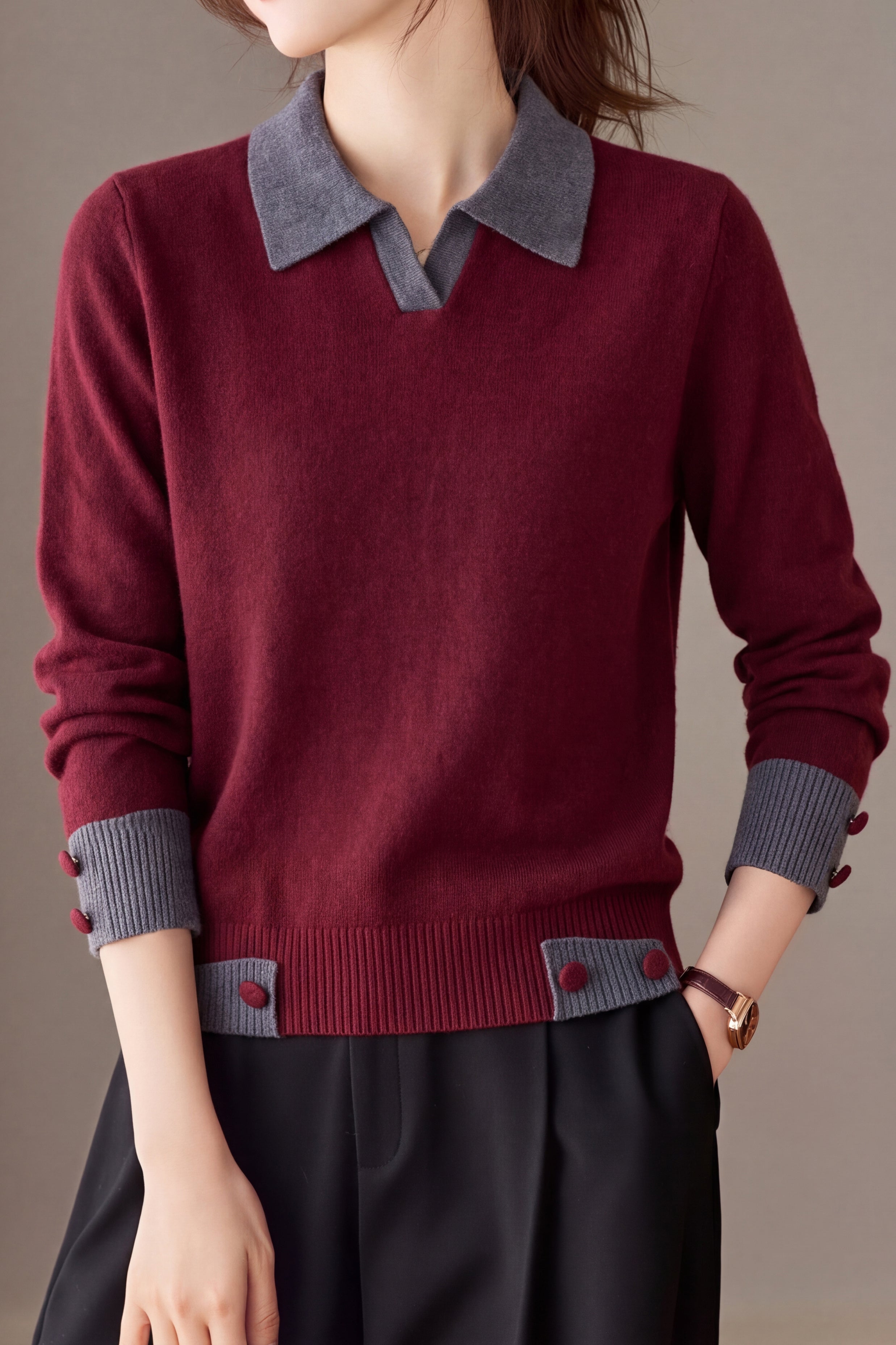 Chic Colorblock Polo Collar Long Sleeve Knit Sweater - liwisi