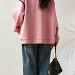 Casual Crew Neck Sweatshirt with Ruffle Trim and Contrast Heart Embroidery - liwisi