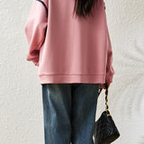 Casual Crew Neck Sweatshirt with Ruffle Trim and Contrast Heart Embroidery - liwisi
