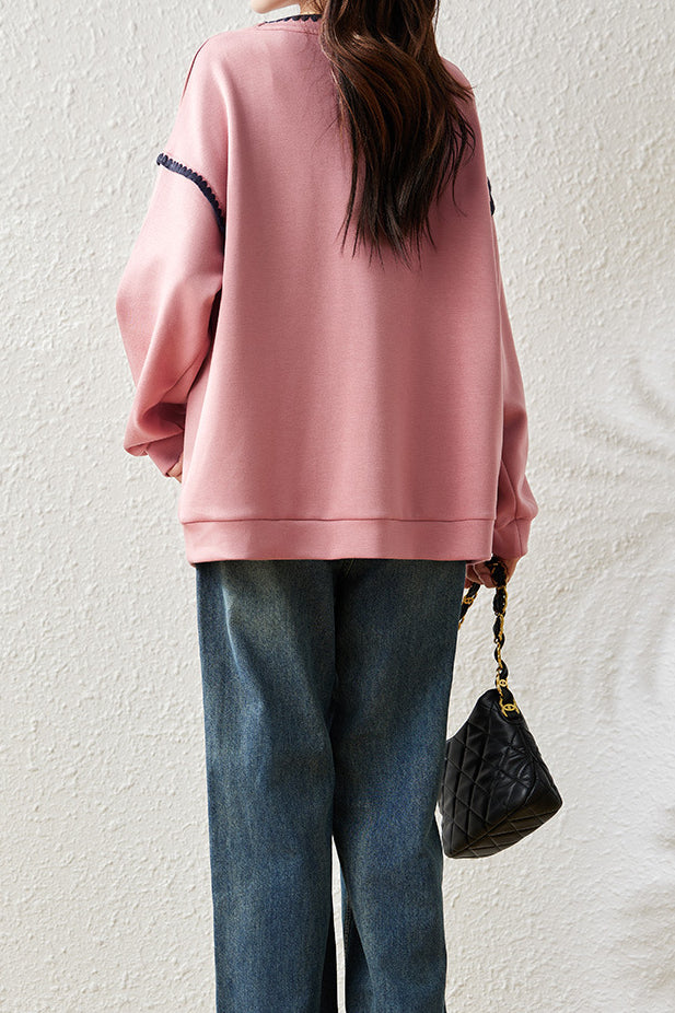Casual Crew Neck Sweatshirt with Ruffle Trim and Contrast Heart Embroidery - liwisi