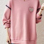 Casual Crew Neck Sweatshirt with Ruffle Trim and Contrast Heart Embroidery - liwisi