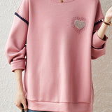 Casual Crew Neck Sweatshirt with Ruffle Trim and Contrast Heart Embroidery - liwisi