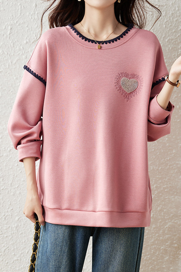 Casual Crew Neck Sweatshirt with Ruffle Trim and Contrast Heart Embroidery - liwisi