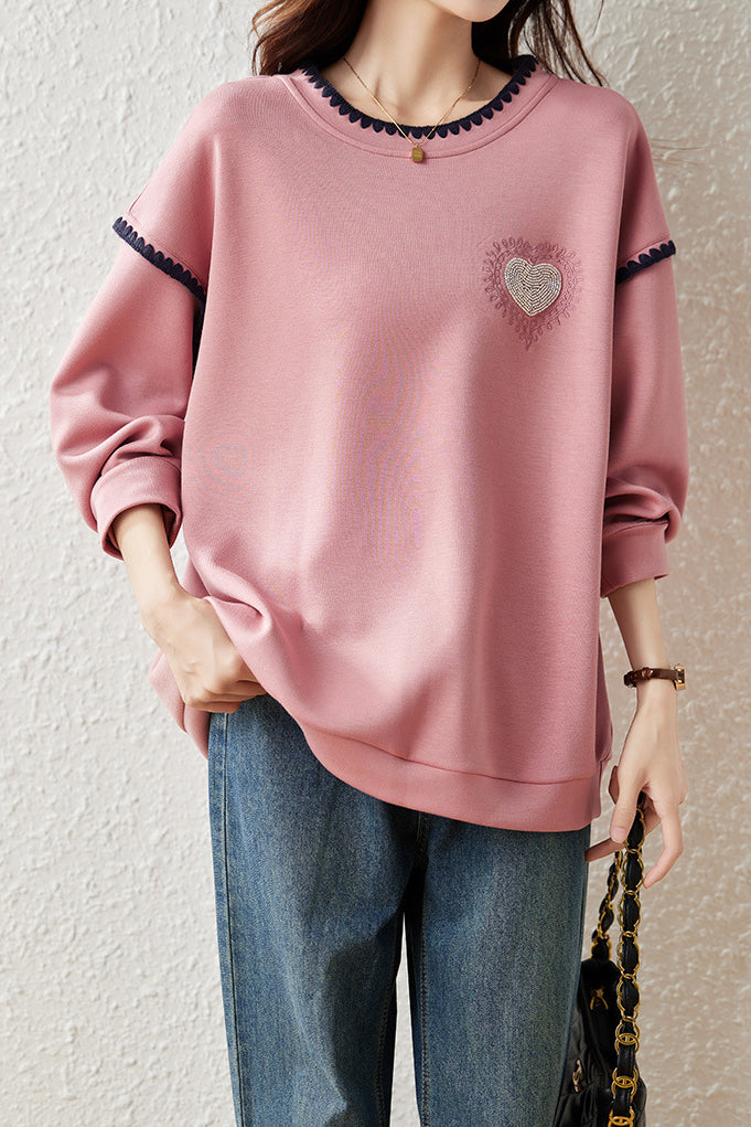 Casual Crew Neck Sweatshirt with Ruffle Trim and Contrast Heart Embroidery - liwisi