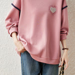 Casual Crew Neck Sweatshirt with Ruffle Trim and Contrast Heart Embroidery - liwisi