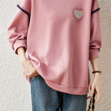 Casual Crew Neck Sweatshirt with Ruffle Trim and Contrast Heart Embroidery - liwisi