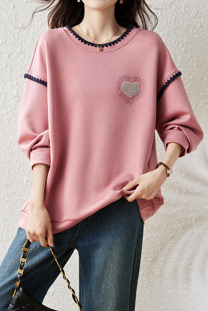 Casual Crew Neck Sweatshirt with Ruffle Trim and Contrast Heart Embroidery - liwisi