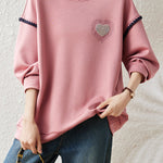 Casual Crew Neck Sweatshirt with Ruffle Trim and Contrast Heart Embroidery - liwisi