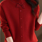 Chic Mock Neck Long Sleeve Knit Sweater with Bow Detail - liwisi