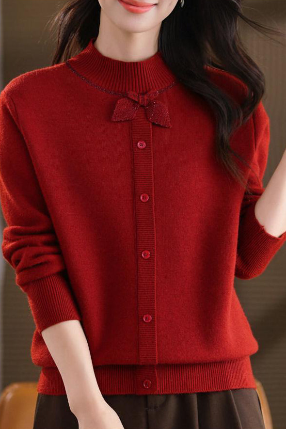 Chic Mock Neck Long Sleeve Knit Sweater with Bow Detail - liwisi
