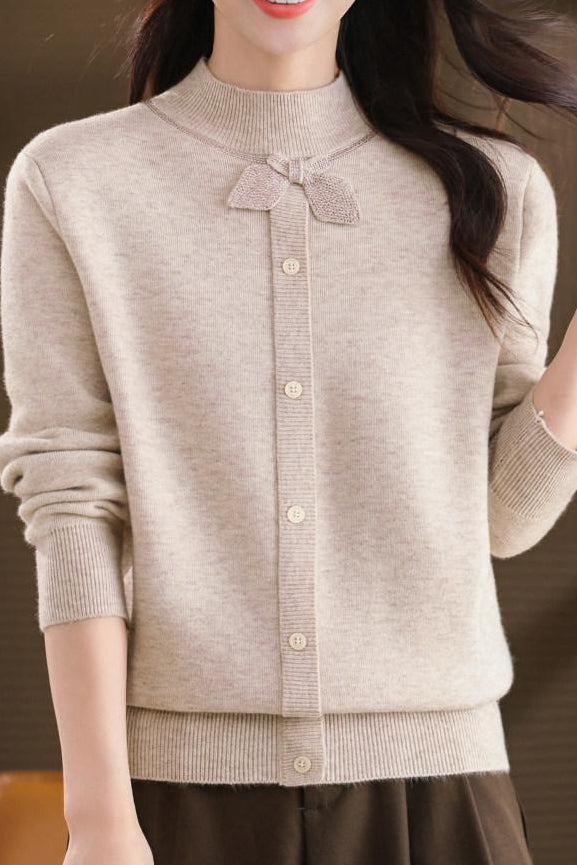 Chic Mock Neck Long Sleeve Knit Sweater with Bow Detail - liwisi