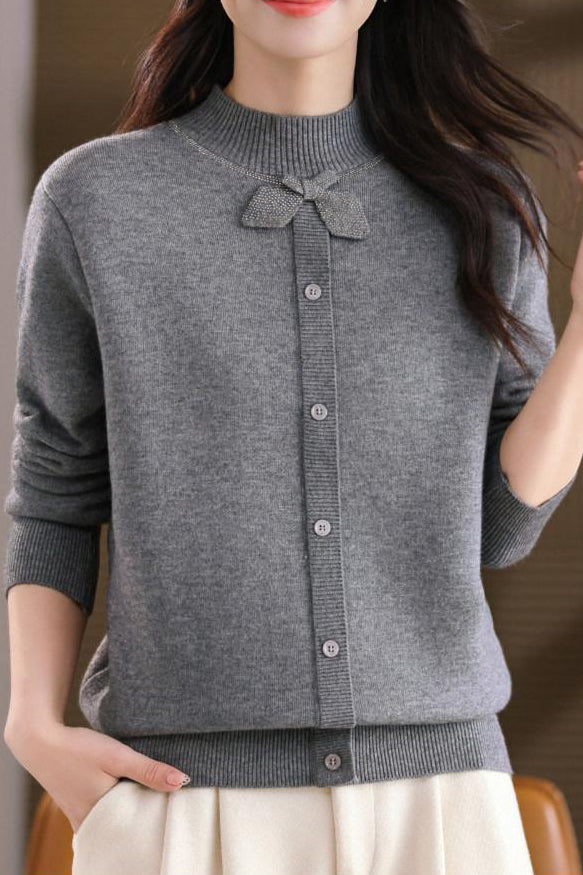 Chic Mock Neck Long Sleeve Knit Sweater with Bow Detail - liwisi