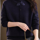 Chic Mock Neck Long Sleeve Knit Sweater with Bow Detail - liwisi