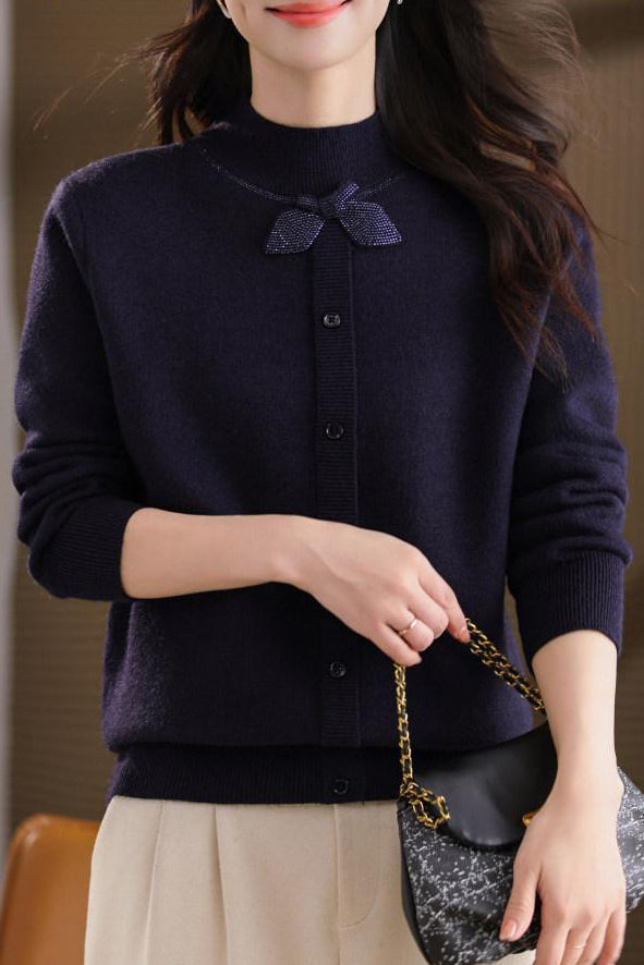 Chic Mock Neck Long Sleeve Knit Sweater with Bow Detail - liwisi