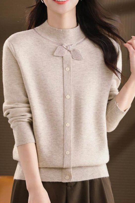 Chic Mock Neck Long Sleeve Knit Sweater with Bow Detail - liwisi