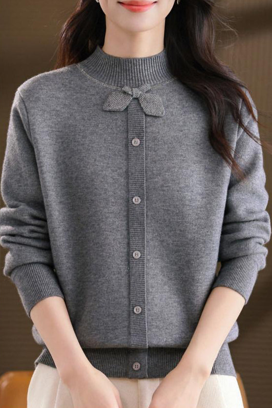Chic Mock Neck Long Sleeve Knit Sweater with Bow Detail - liwisi
