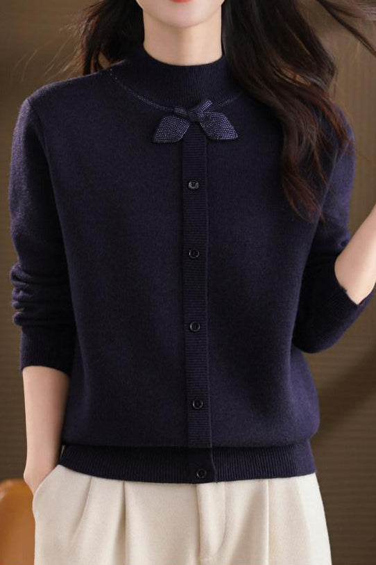 Chic Mock Neck Long Sleeve Knit Sweater with Bow Detail - liwisi