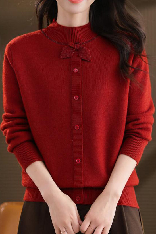 Chic Mock Neck Long Sleeve Knit Sweater with Bow Detail - liwisi