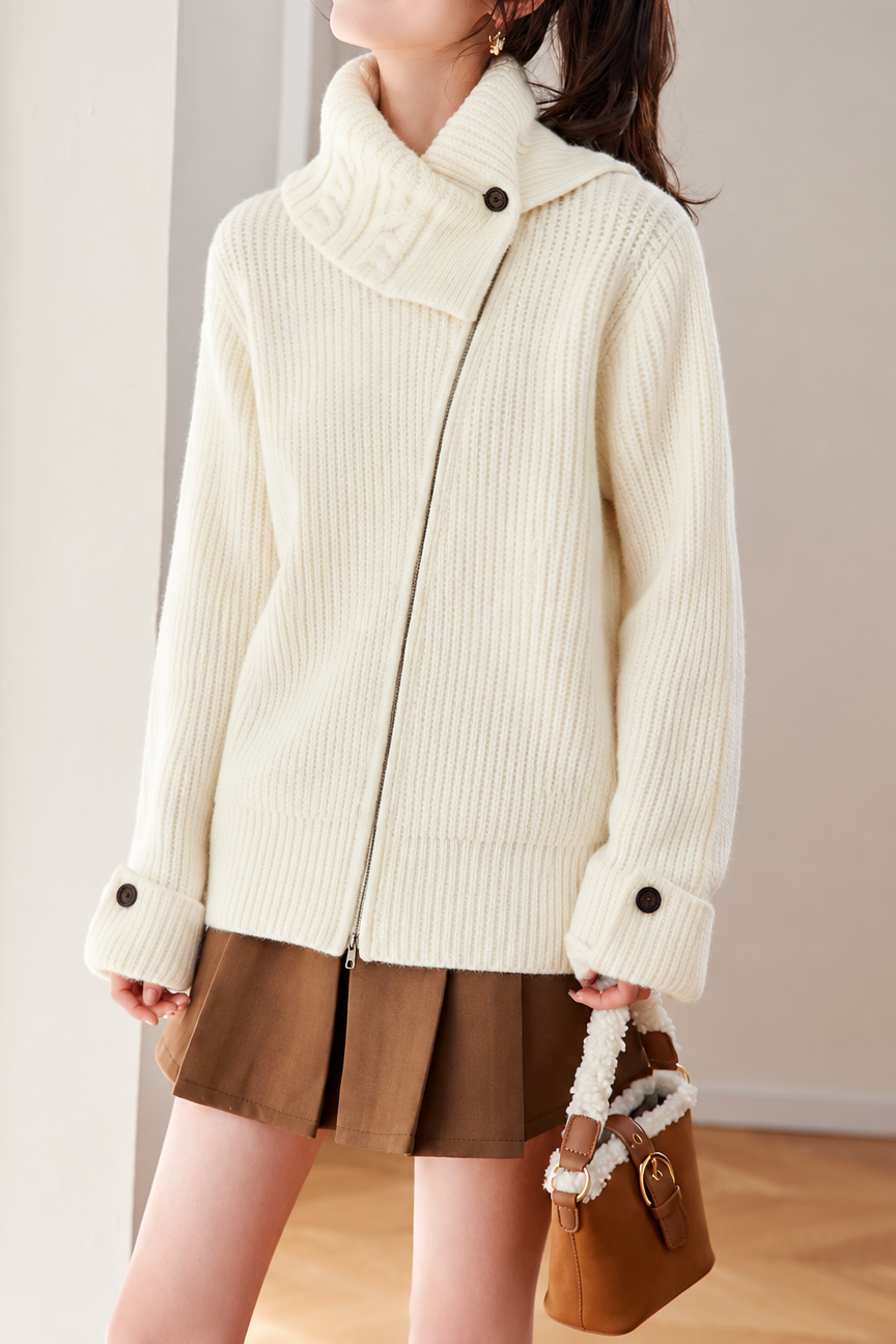 Casual Oversized Lapel Asymmetrical Zip-Up Knit Cardigan - liwisi