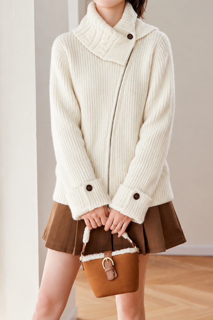 Casual Oversized Lapel Asymmetrical Zip-Up Knit Cardigan - liwisi