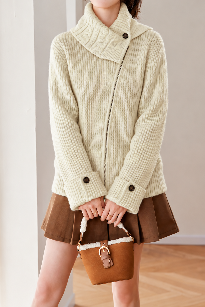 Casual Oversized Lapel Asymmetrical Zip-Up Knit Cardigan - liwisi