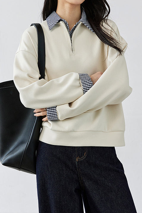 Casual Layered Look Sweatshirt with Plaid Panels and Half Placket - liwisi