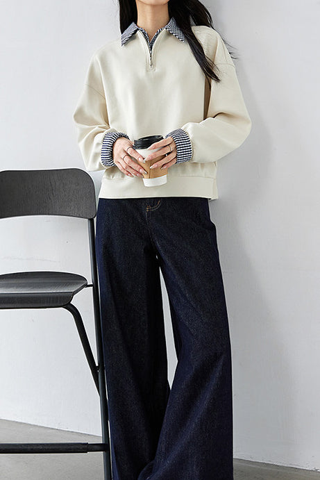 Casual Layered Look Sweatshirt with Plaid Panels and Half Placket - liwisi