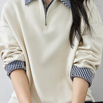 Casual Layered Look Sweatshirt with Plaid Panels and Half Placket - liwisi
