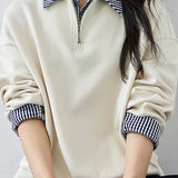Casual Layered Look Sweatshirt with Plaid Panels and Half Placket - liwisi