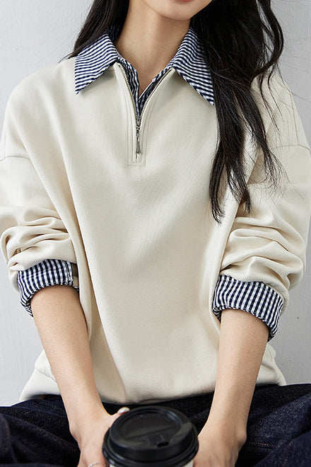 Casual Layered Look Sweatshirt with Plaid Panels and Half Placket - liwisi