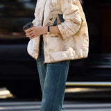 Casual Stand Collar Diamond Quilted Padded Jacket with Blurred Print - liwisi
