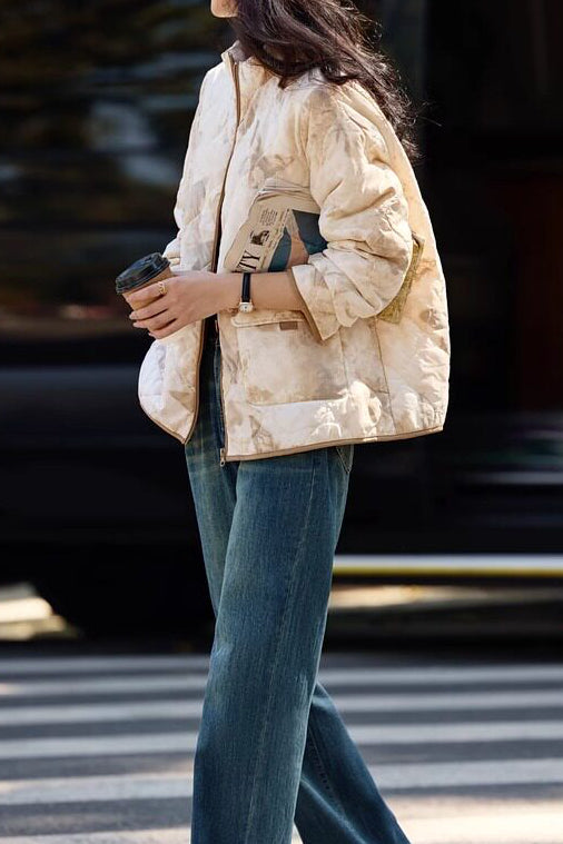 Casual Stand Collar Diamond Quilted Padded Jacket with Blurred Print - liwisi