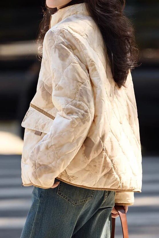 Casual Stand Collar Diamond Quilted Padded Jacket with Blurred Print - liwisi