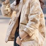 Casual Stand Collar Diamond Quilted Padded Jacket with Blurred Print - liwisi