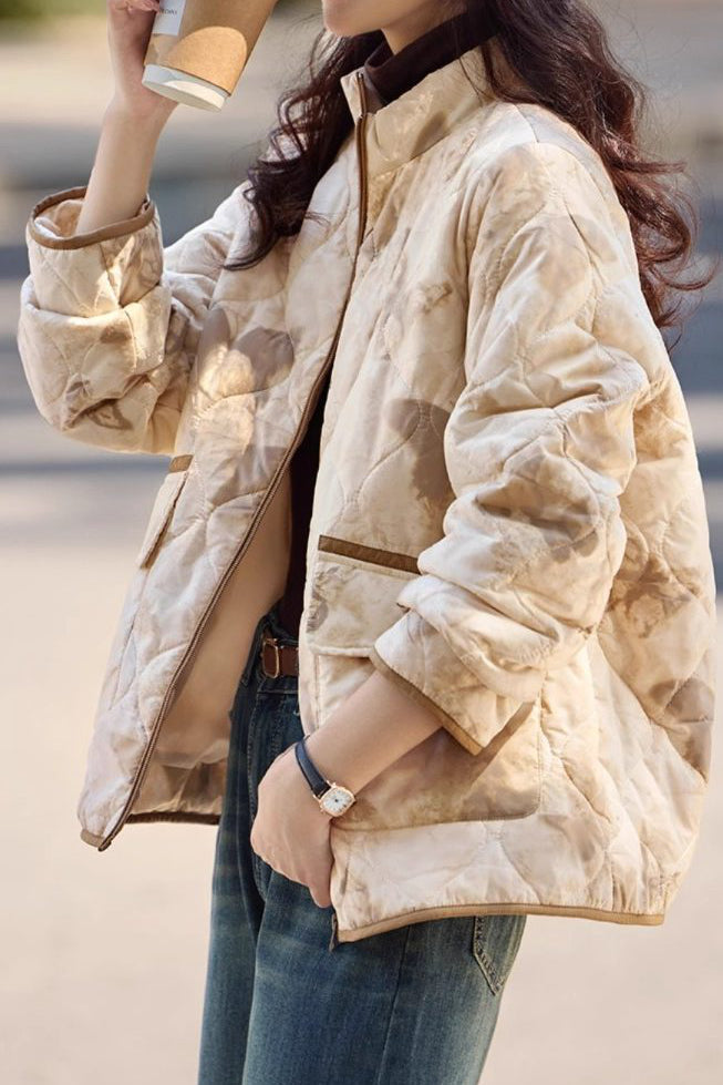 Casual Stand Collar Diamond Quilted Padded Jacket with Blurred Print - liwisi