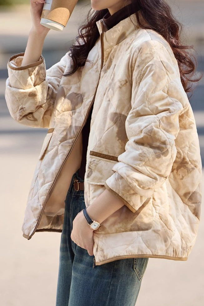 Casual Stand Collar Diamond Quilted Padded Jacket with Blurred Print - liwisi