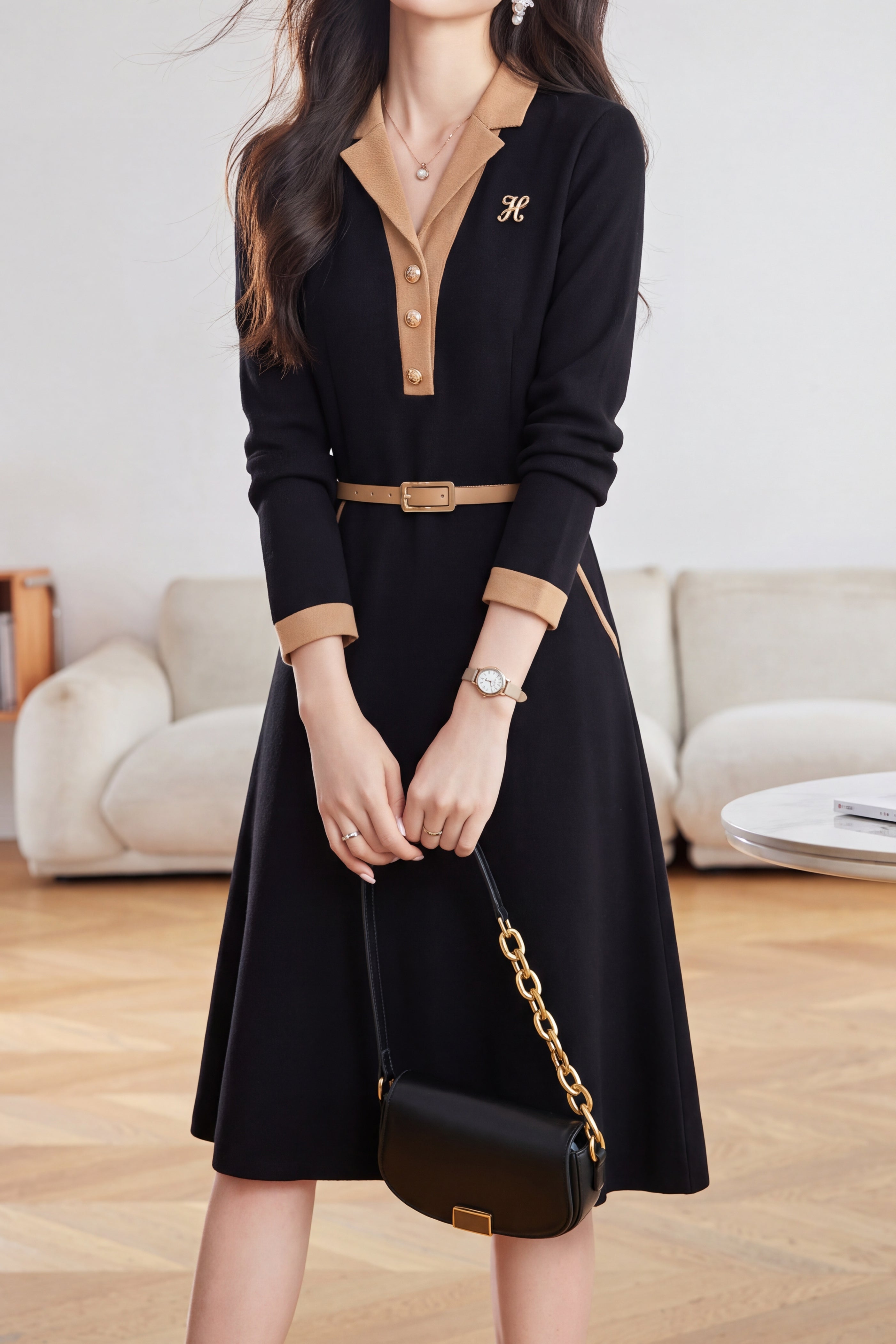 Versatile Colorblock Belted Waist Dress - liwisi