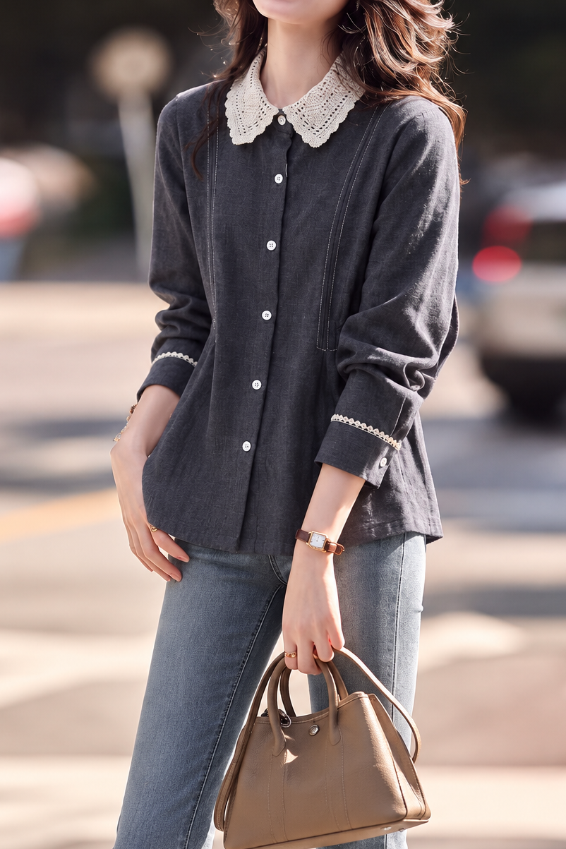 Casual Lace Trim Collared Pleated Loose Fit Shirt - liwisi